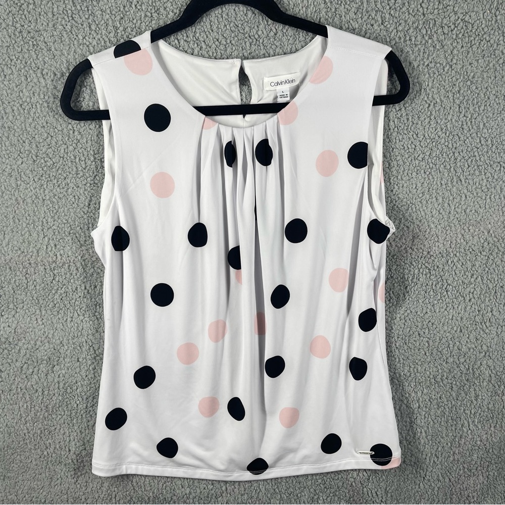 Calvin Klein Blouse Large White Black Polka Dots Keyhole Stretch